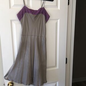 Free People Gray shimmery silk dress with orchid lace trim.